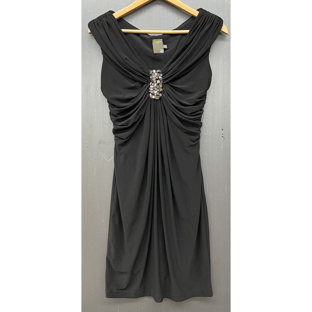 Taylor Mini Dress Sz 8 Black Sleeveless‎ Bodycon Ruched Stretch Rhinestones